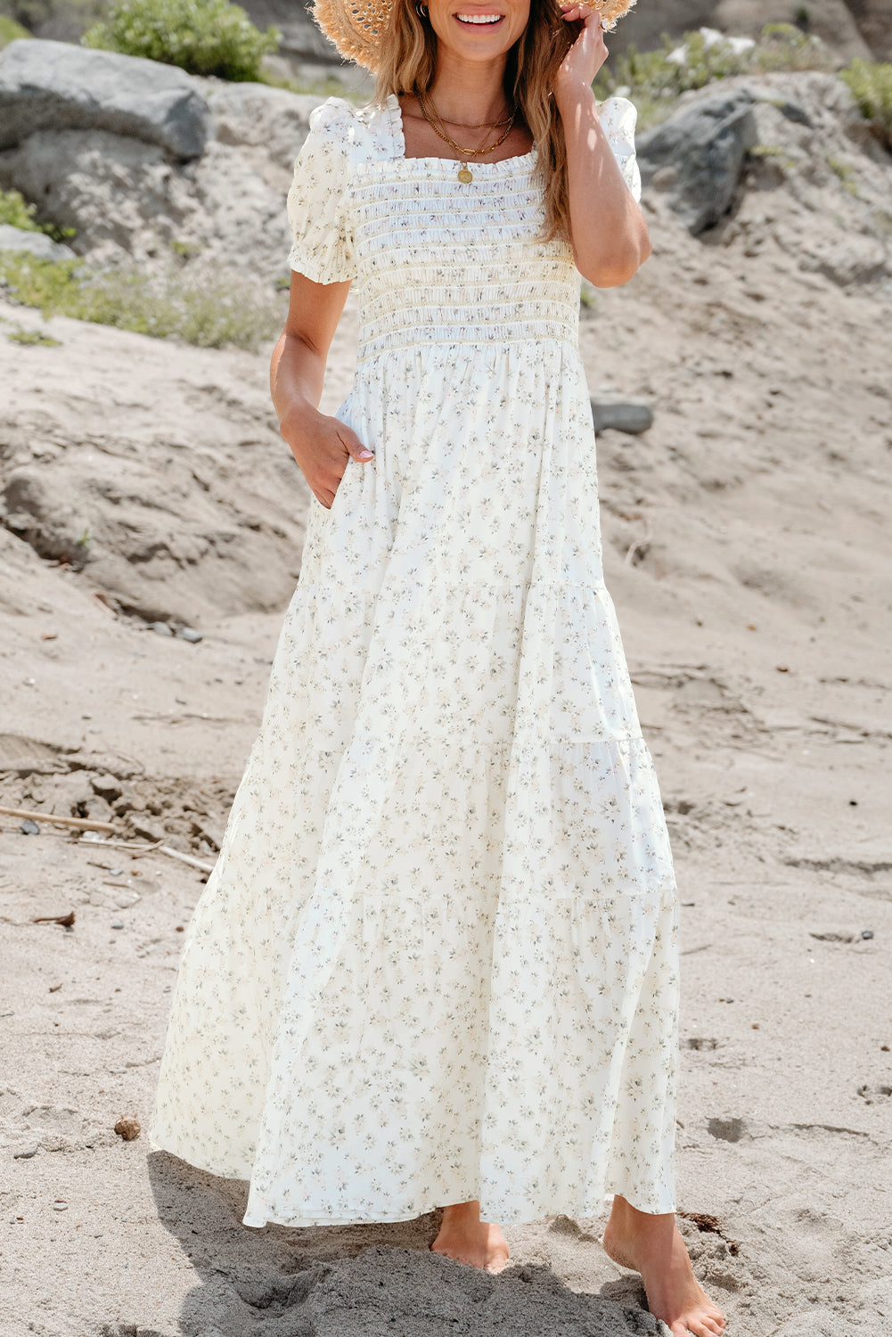 White Frilly Shirred Bodice Tiered Floral Maxi Dress-Bella Boutique Collective
