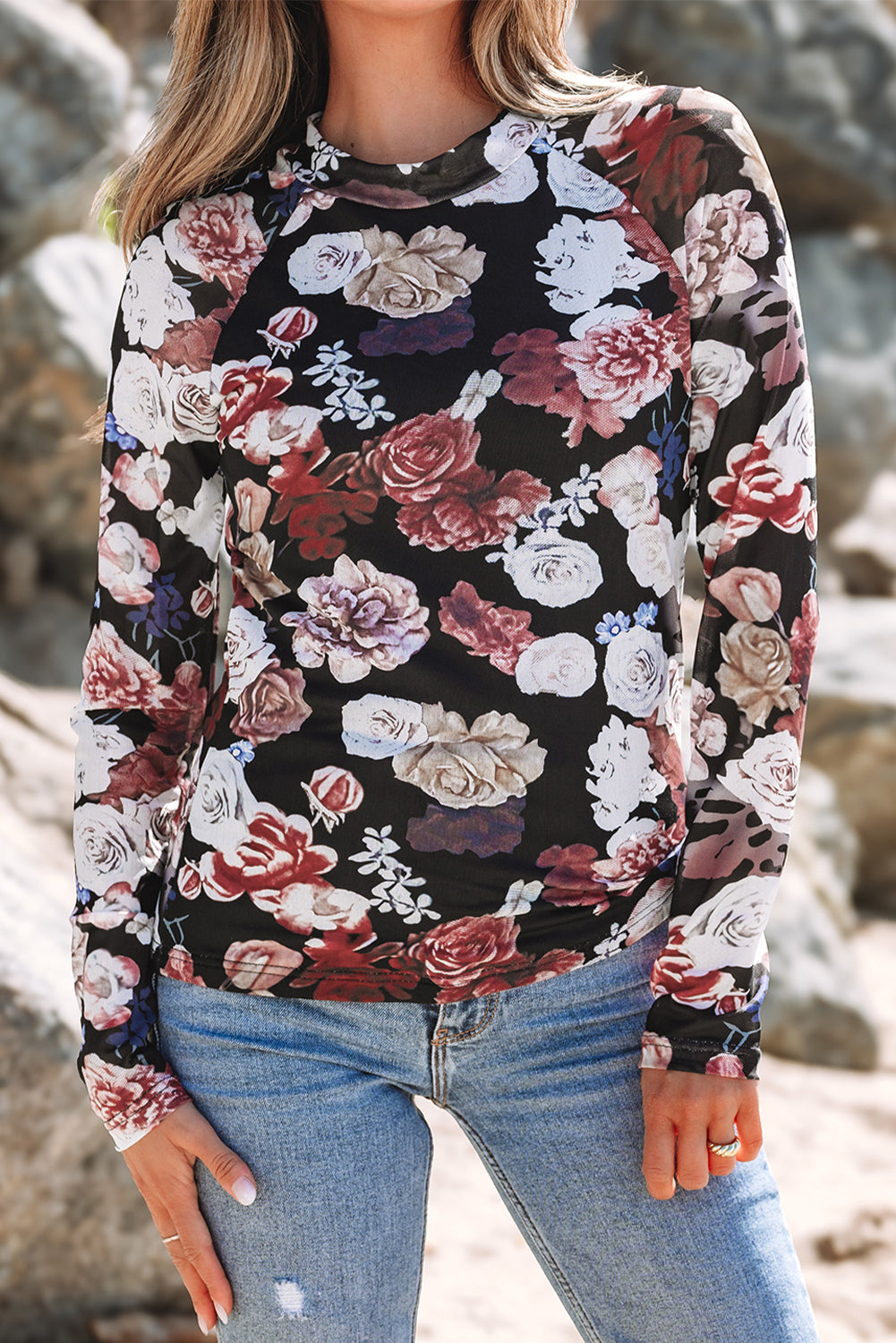 Pink Mesh Floral Print Mock Neck Long Sleeve Slim Top-Bella Boutique Collective