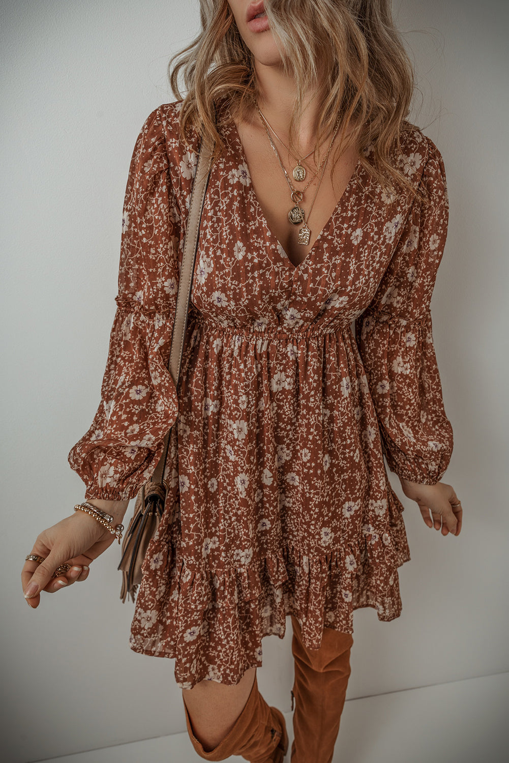 Brown Boho Floral Ruffled Puff Sleeve V Neck Mini Dress-Bella Boutique Collective
