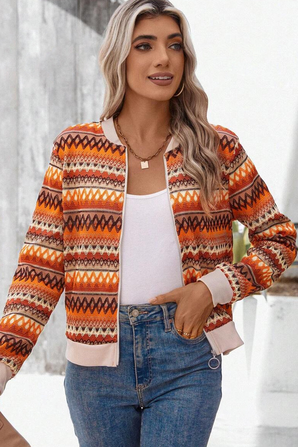 Orange Boho Striped Zip Up Long Sleeve Jacket-Bella Boutique Collective