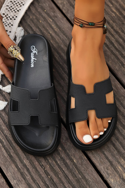 Black Cutout Design Open Toe Platform Slippers (Run Small, Size Up)-Bella Boutique Collective