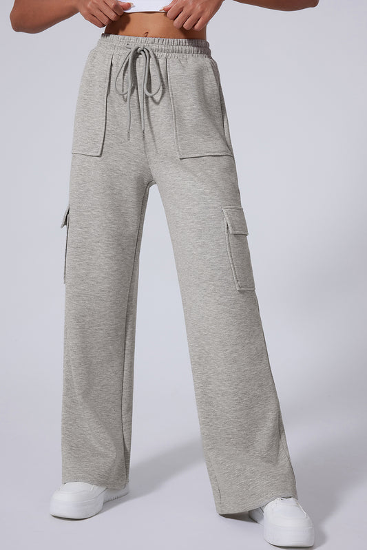 Light Grey Multi Pockets Lace-up High Waist Wide Leg Workout Pants-Bella Boutique Collective