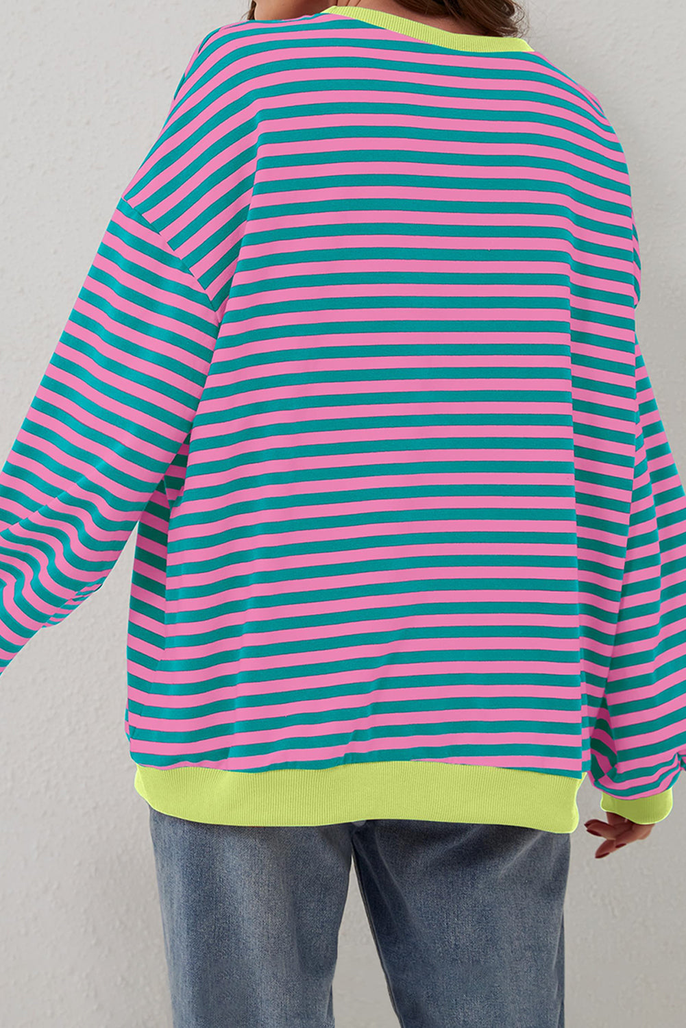 Green Stripe Oversized Contrast Trim Pullover Sweatshirt-Bella Boutique Collective