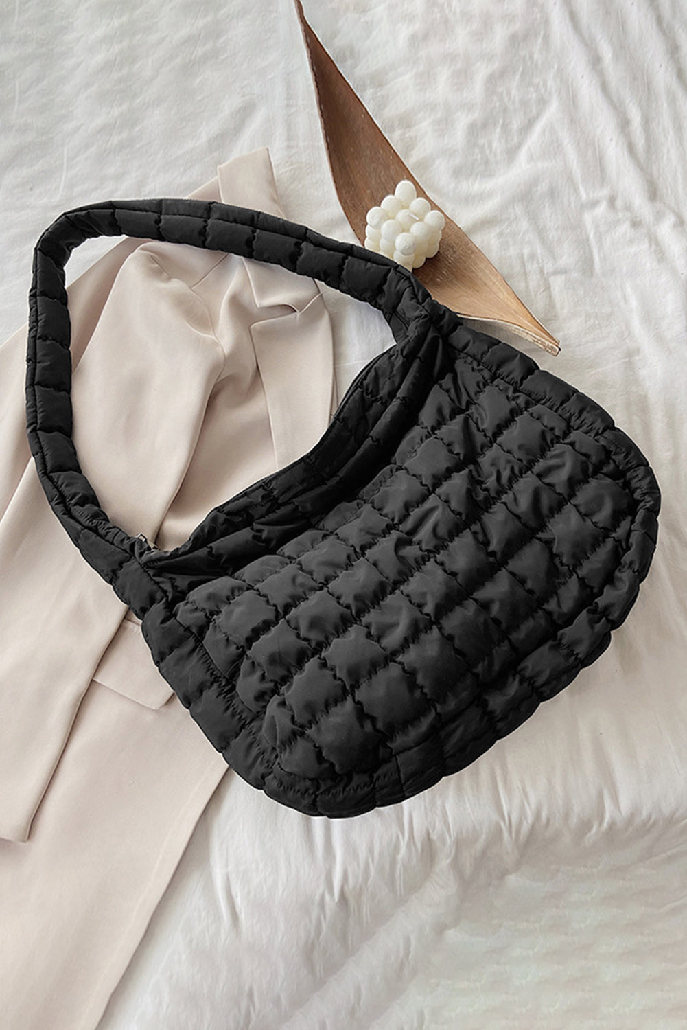 Black Quilted Zipper Large Shoulder Bag-Bella Boutique Collective