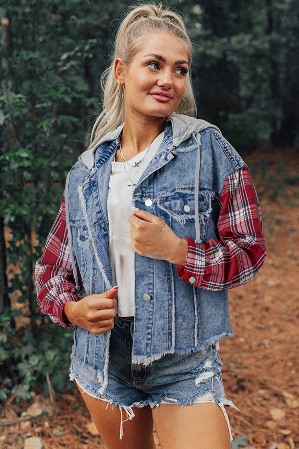 Beau Blue Plaid Print Patchwork Hooded Raw Hem Denim Jacket-Bella Boutique Collective
