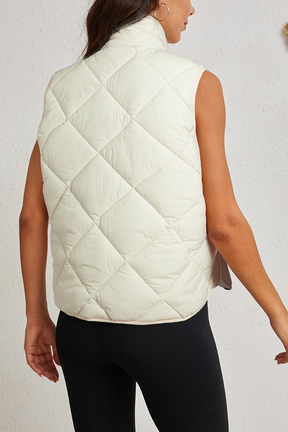 Beige Quilted High Neck Button Up Pocket Vest Coat-Bella Boutique Collective