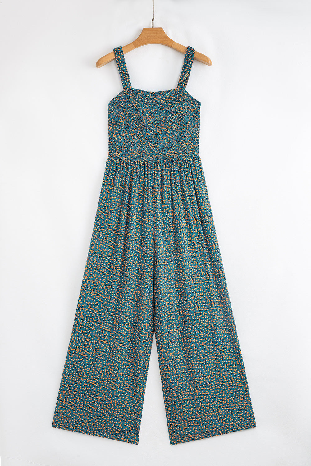 Green Floral Print Smocked High Waist Square Neck Jumpsuit-Bella Boutique Collective