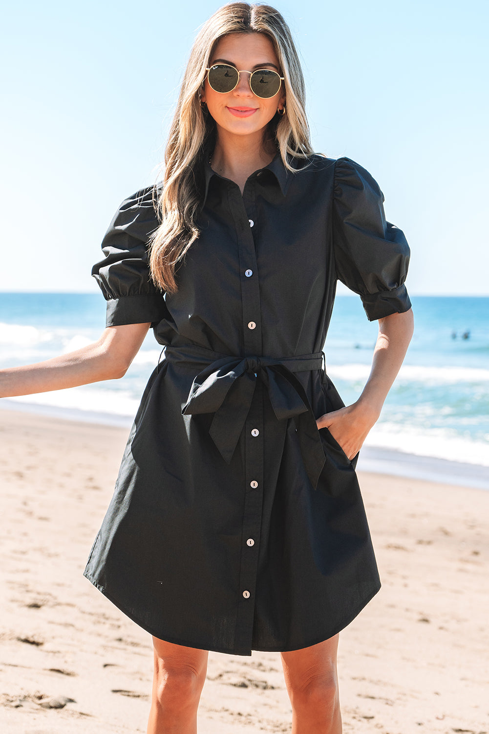 Black Button Up Tie Waist Puff Sleeve Mini Dress-Bella Boutique Collective