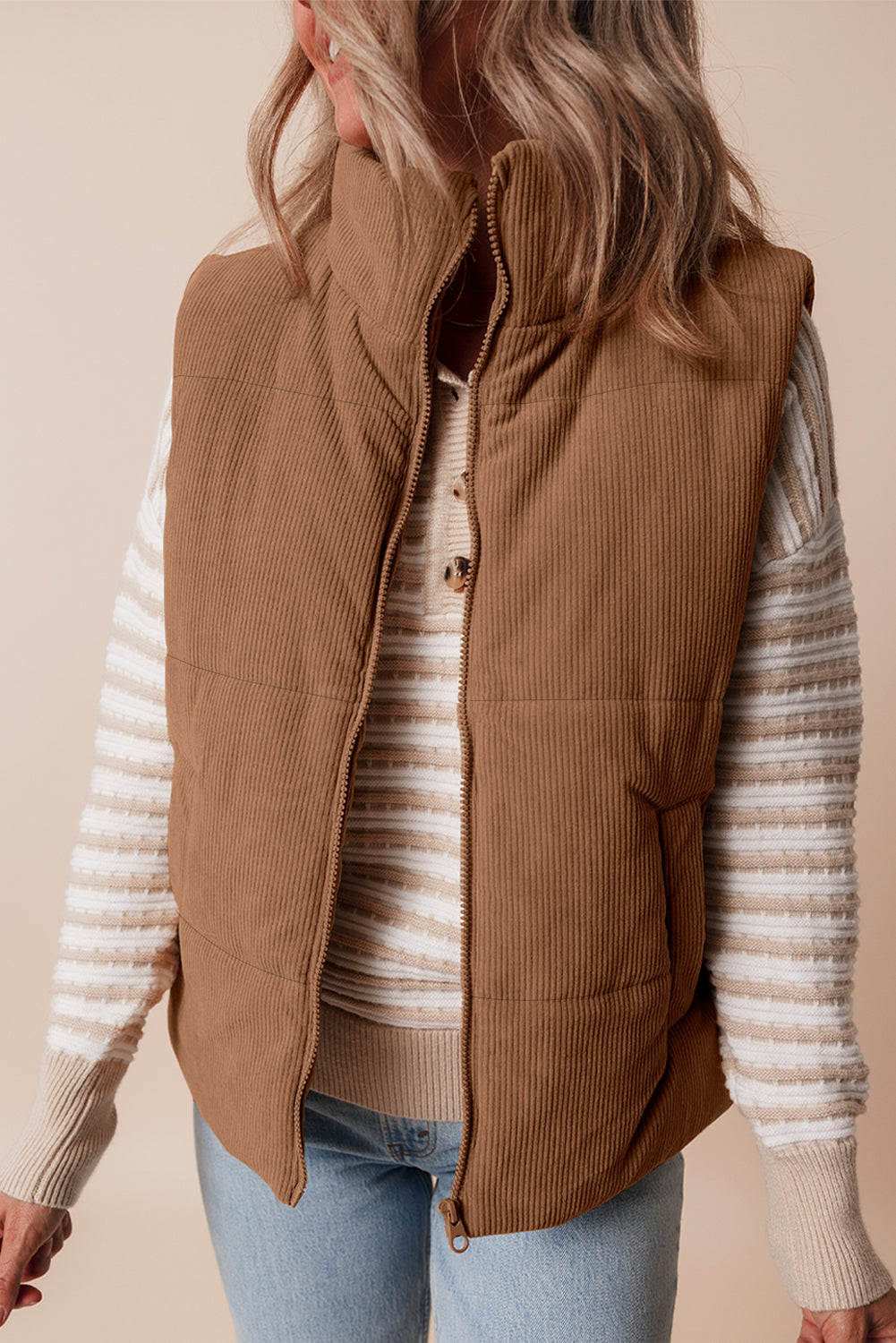 Coffee Corduroy Stand Neck Zipped Puffer Vest-Bella Boutique Collective