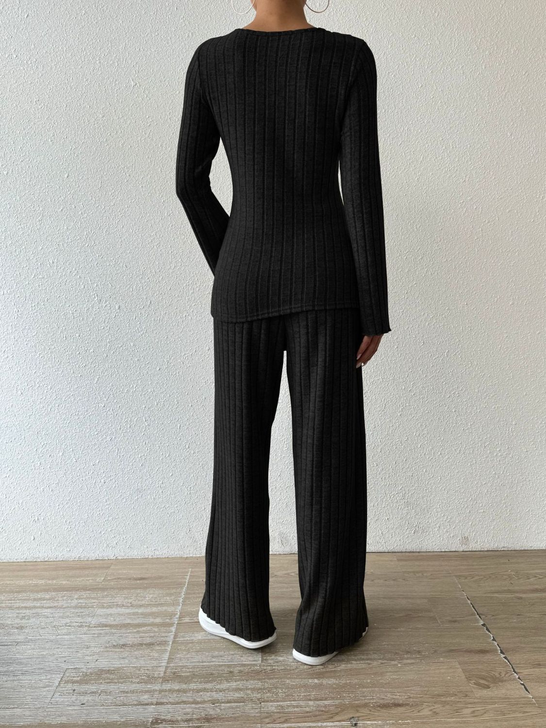 Ribbed V-Neck Long Sleeve Top and Pocketed Pants Set-Bella Boutique Collective