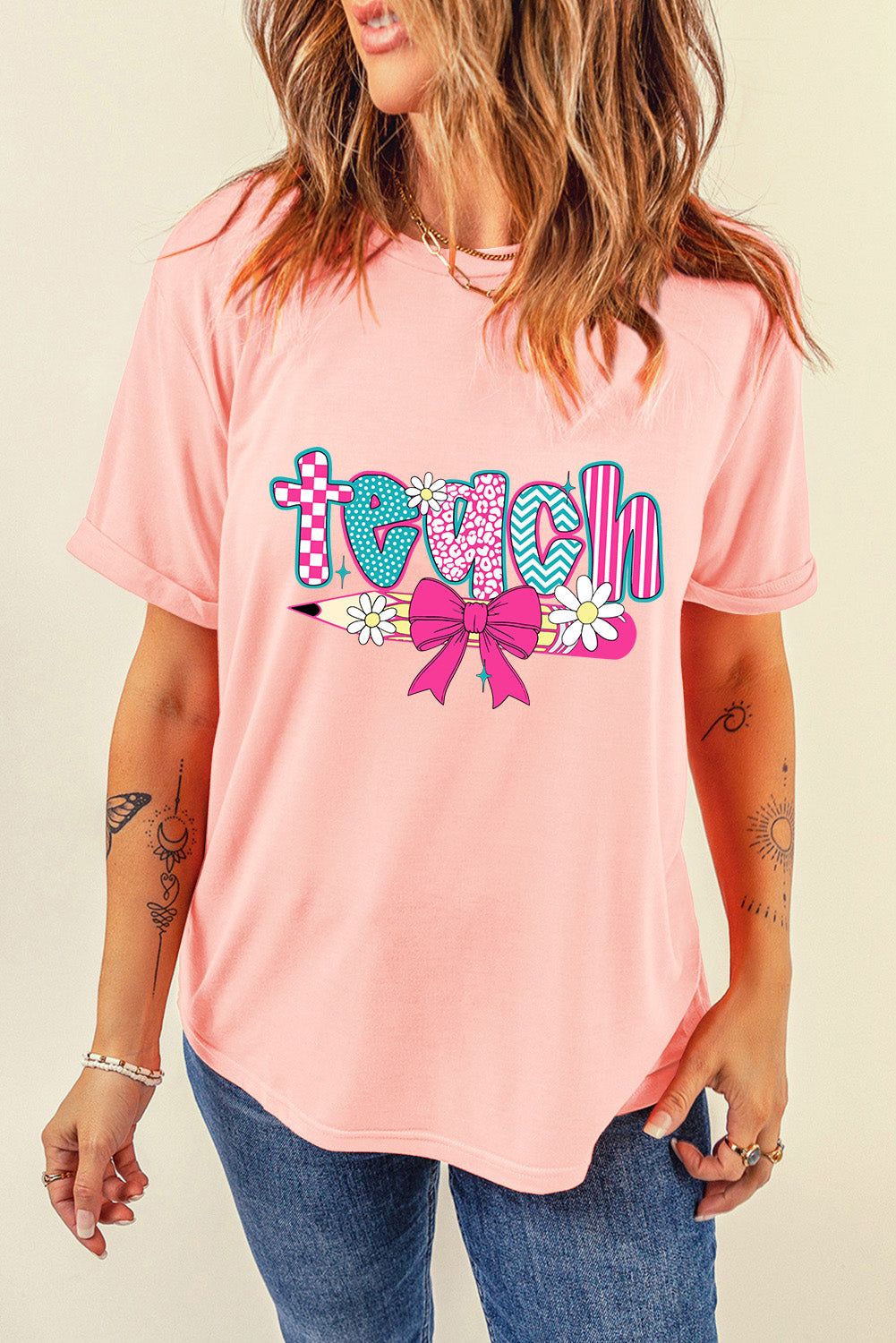 Pink Preppy Retro Checkered Coquette Teach Graphic T-Shirt-Bella Boutique Collective