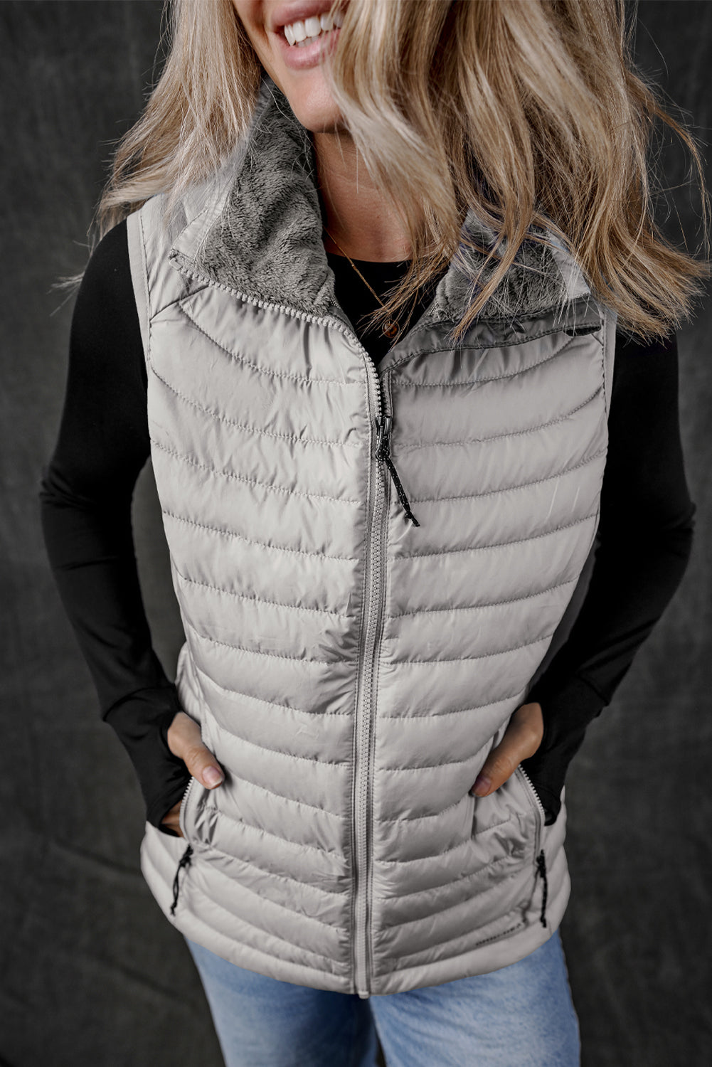 Silvery Plush Collared Quilted Zipped Puffer Vest-Bella Boutique Collective