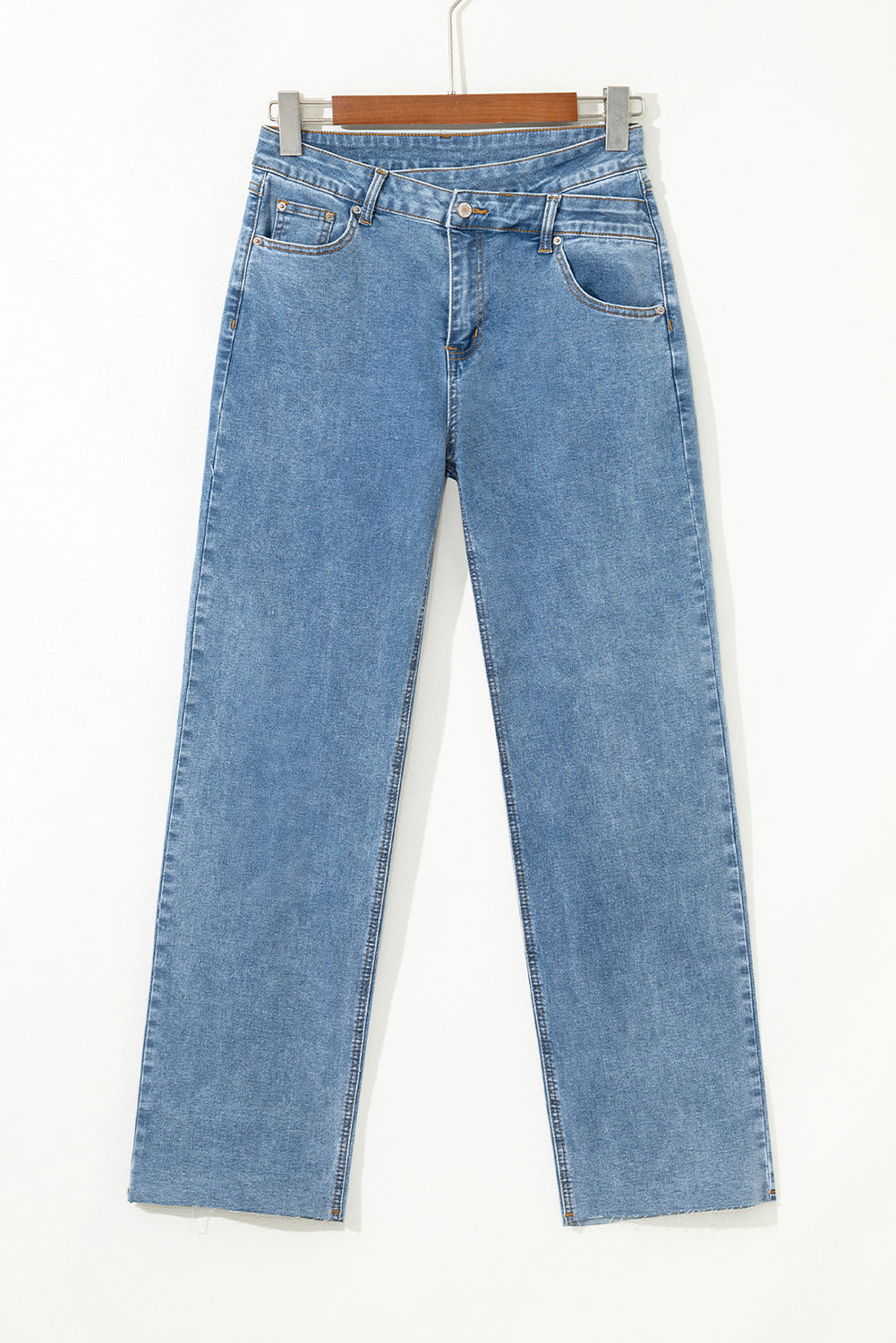 Blue Mid Rise Asymmetrical Waist Wide Leg Jeans-Bella Boutique Collective