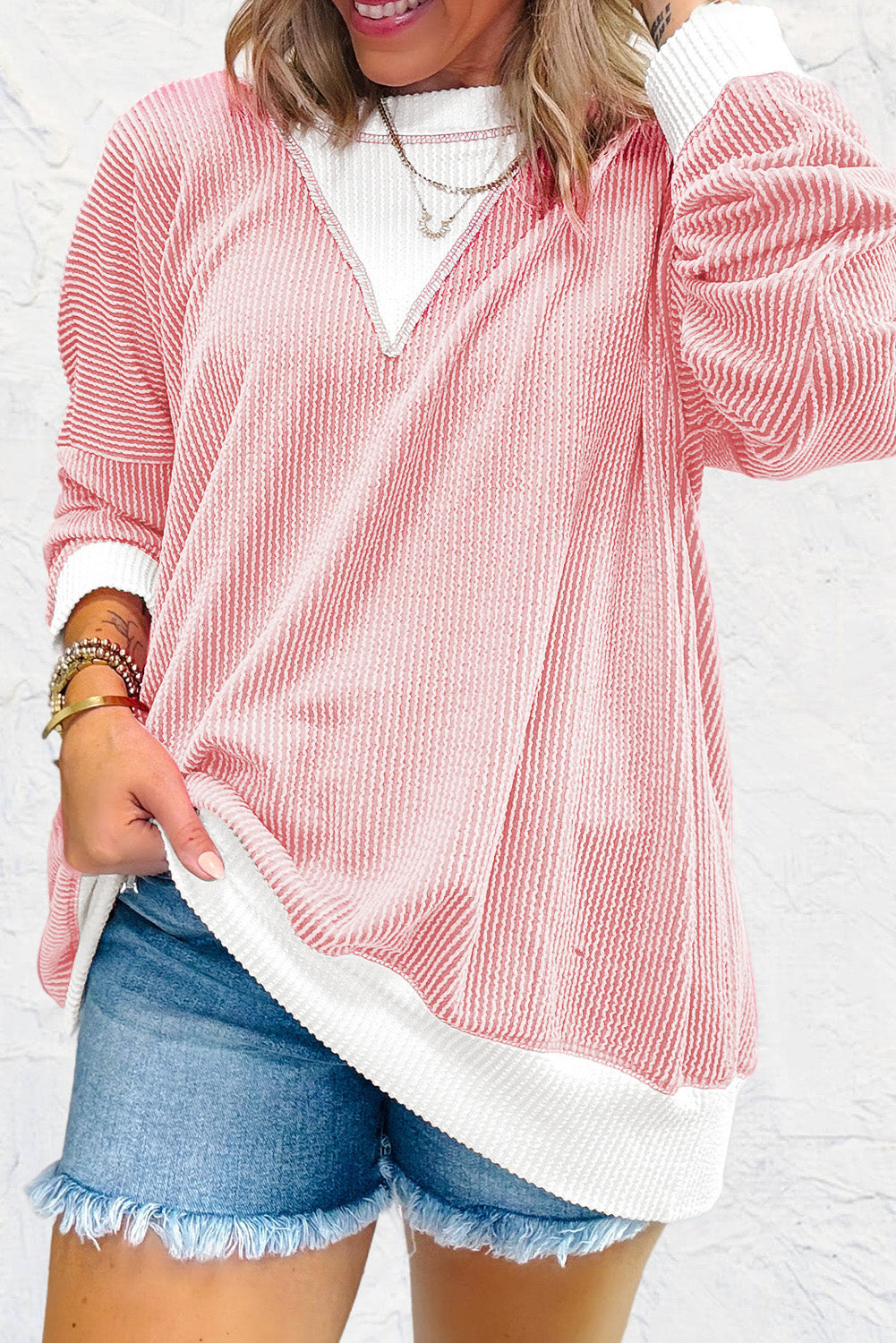 Peach Blossom Corded Colorblock Drop Shoulder Loose Top-Bella Boutique Collective