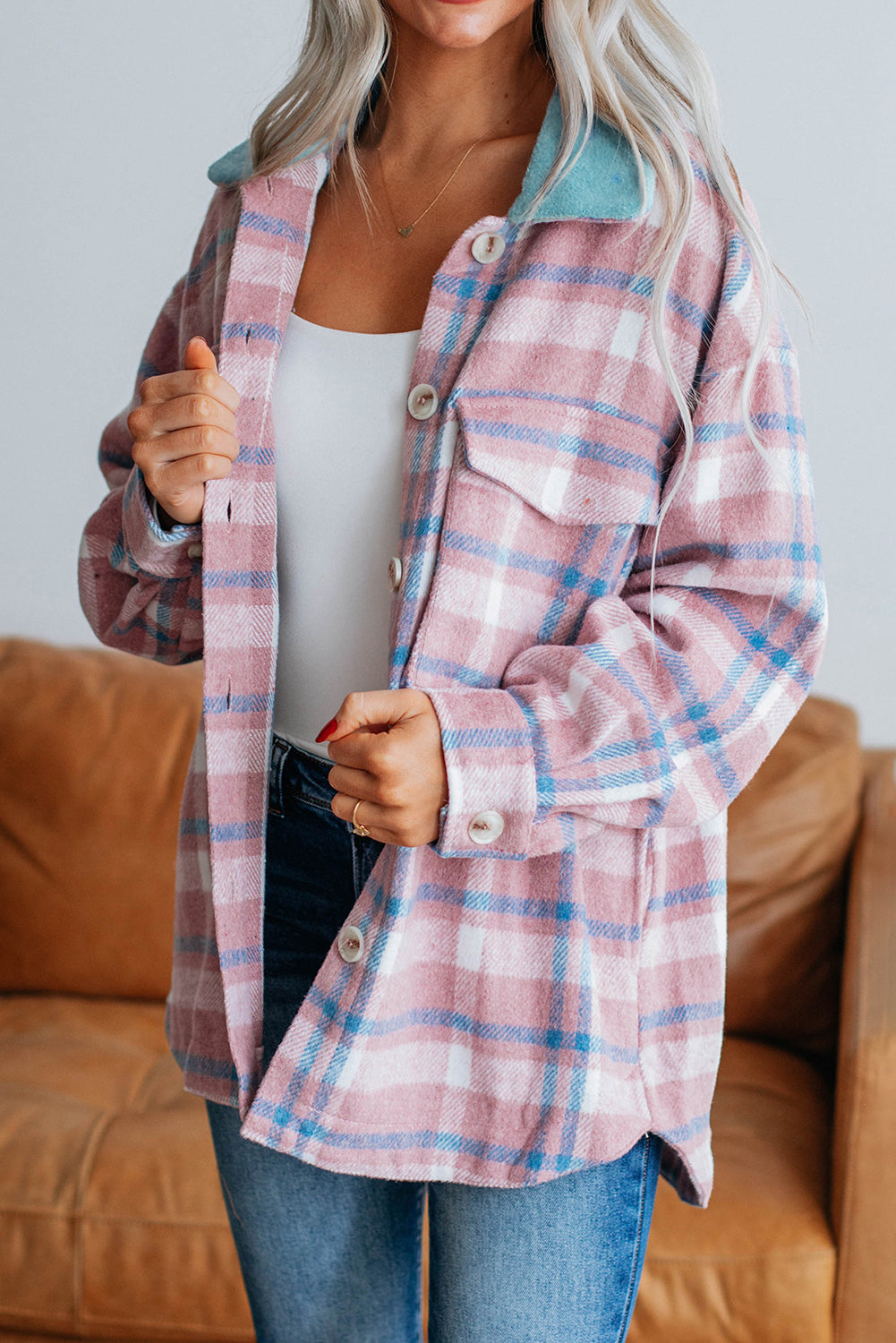 Pink Plaid Print Color Block Collared Flap Pockets Loose Shacket-Bella Boutique Collective