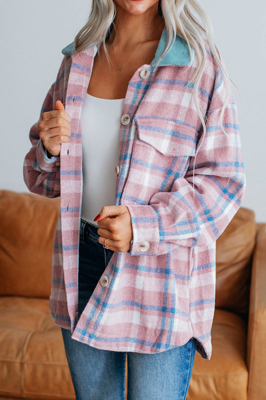 Pink Plaid Print Color Block Collared Flap Pockets Loose Shacket-Bella Boutique Collective