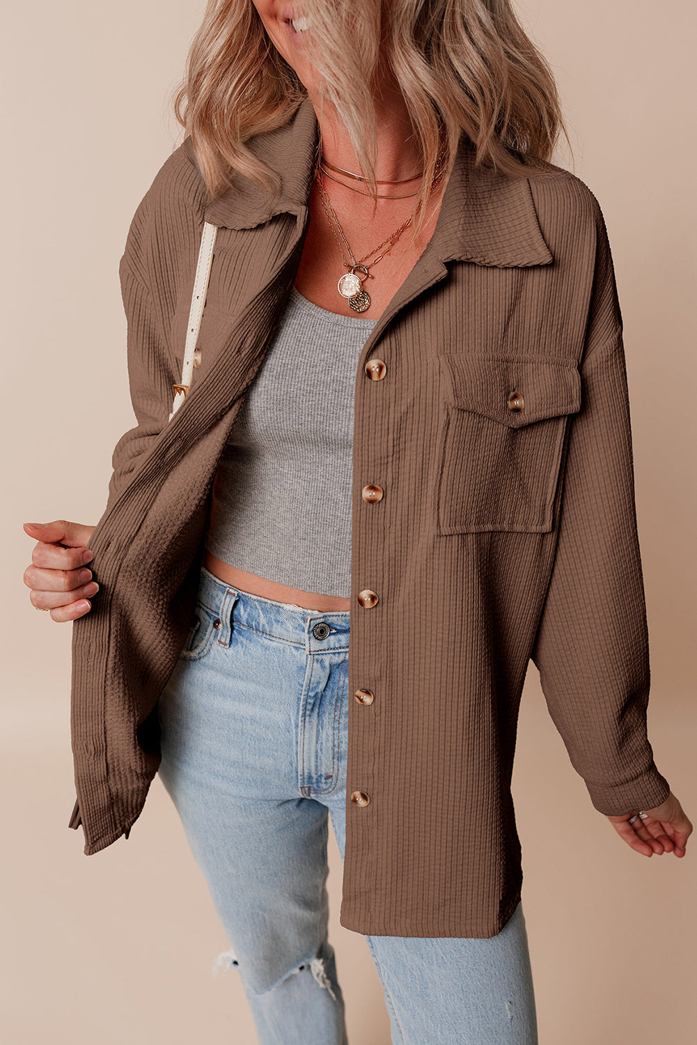 Chestnut Corduroy Flap Pocket Button Up Shacket-Bella Boutique Collective