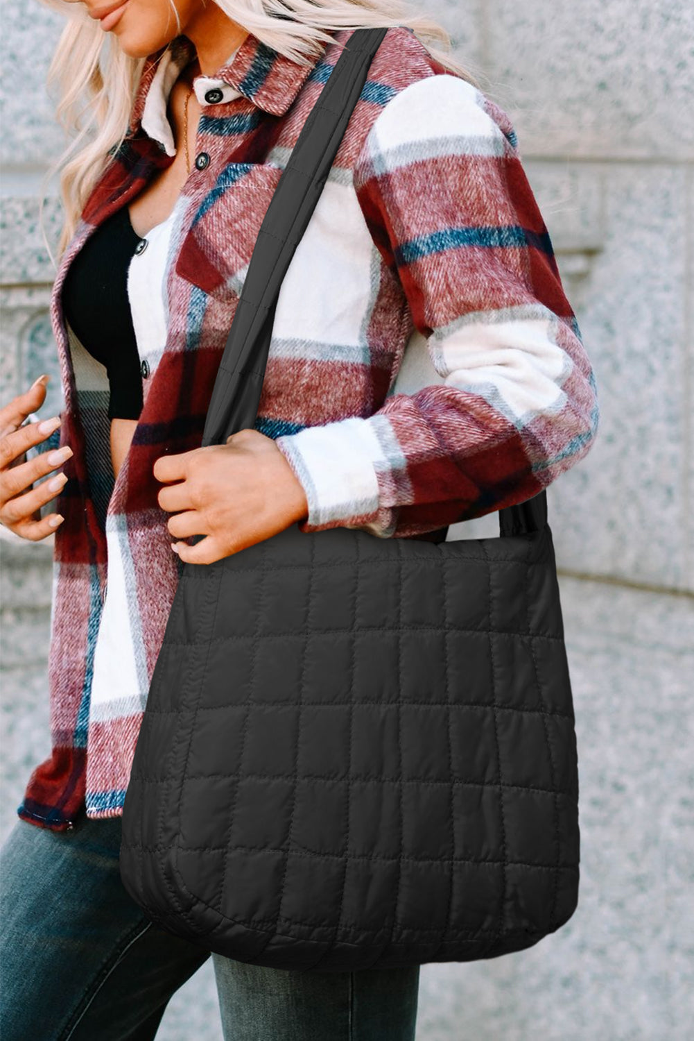 Black Quilted Zipper Large Shoulder Bag-Bella Boutique Collective