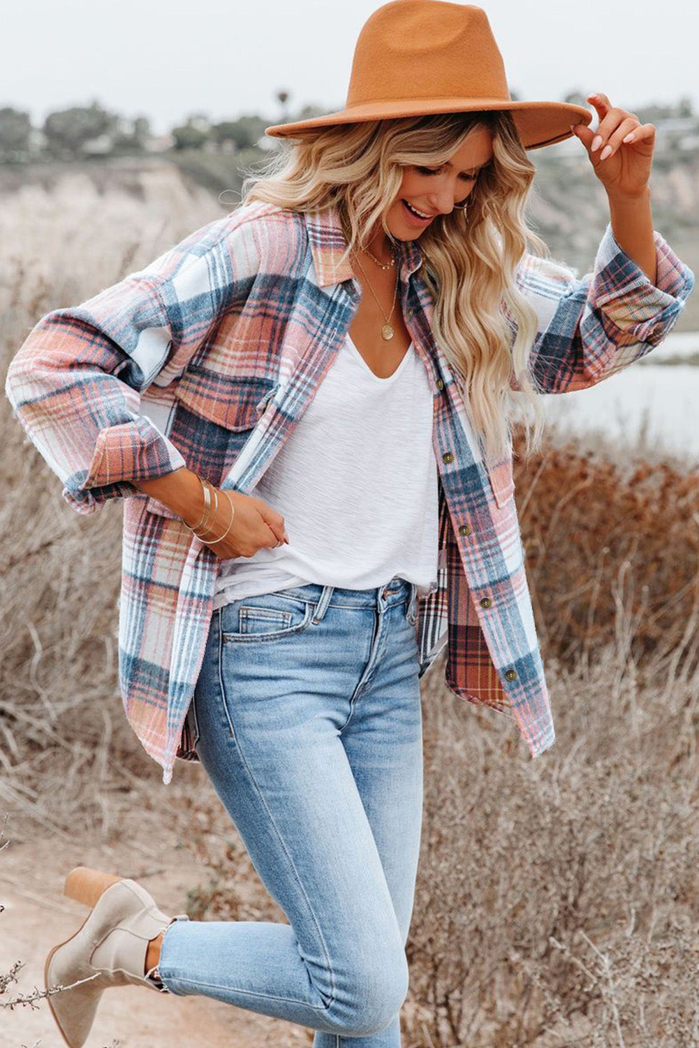 Pink Black/Pink Plaid Flap Pockets Shacket-Bella Boutique Collective