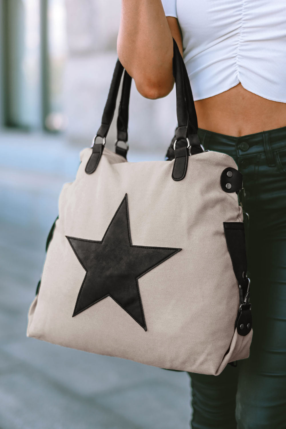 Beige Casual Five-pointed Star Canvas Tote Bag-Bella Boutique Collective