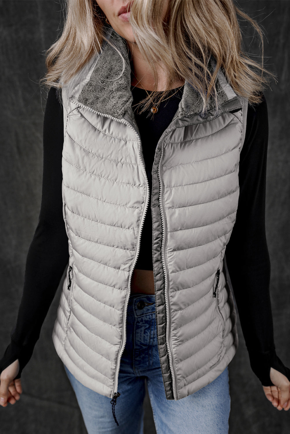 Silvery Plush Collared Quilted Zipped Puffer Vest-Bella Boutique Collective
