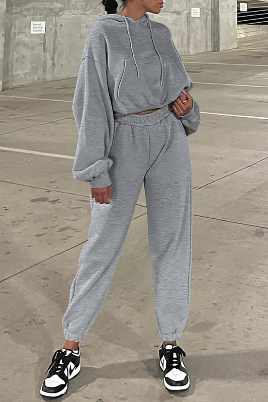 Gray Solid Drop Shoulder Hoodie and Joggers Activewear Set-Bella Boutique Collective