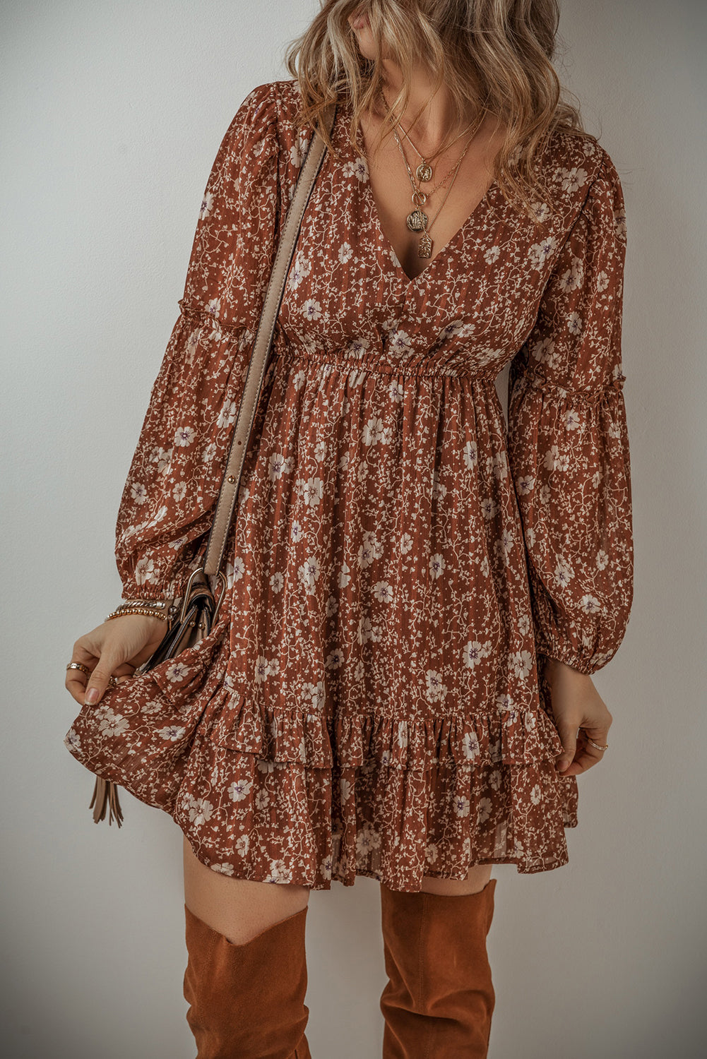 Brown Boho Floral Ruffled Puff Sleeve V Neck Mini Dress-Bella Boutique Collective