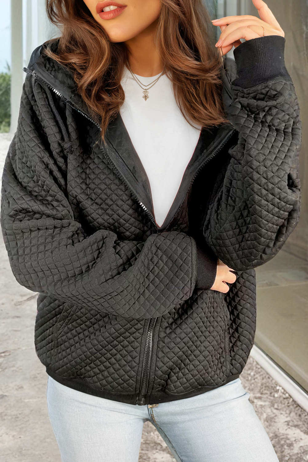 Black Quilted Side Pockets Zipper Hooded Jacket-Bella Boutique Collective