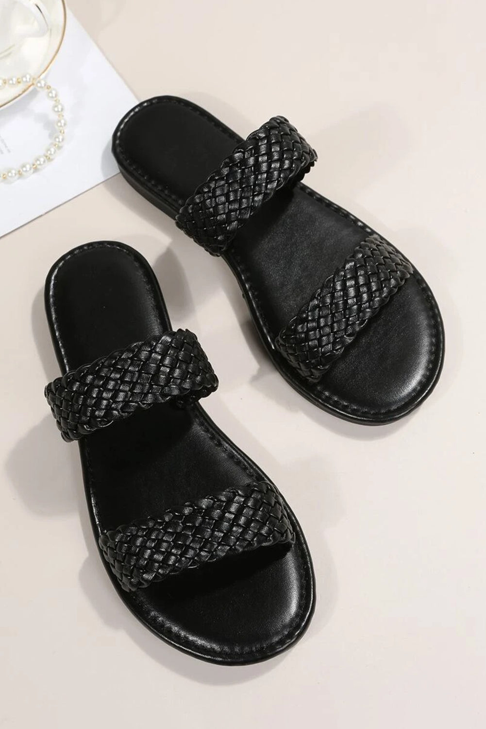 Black Braided Double Band Leathered Flat Slippers-Bella Boutique Collective