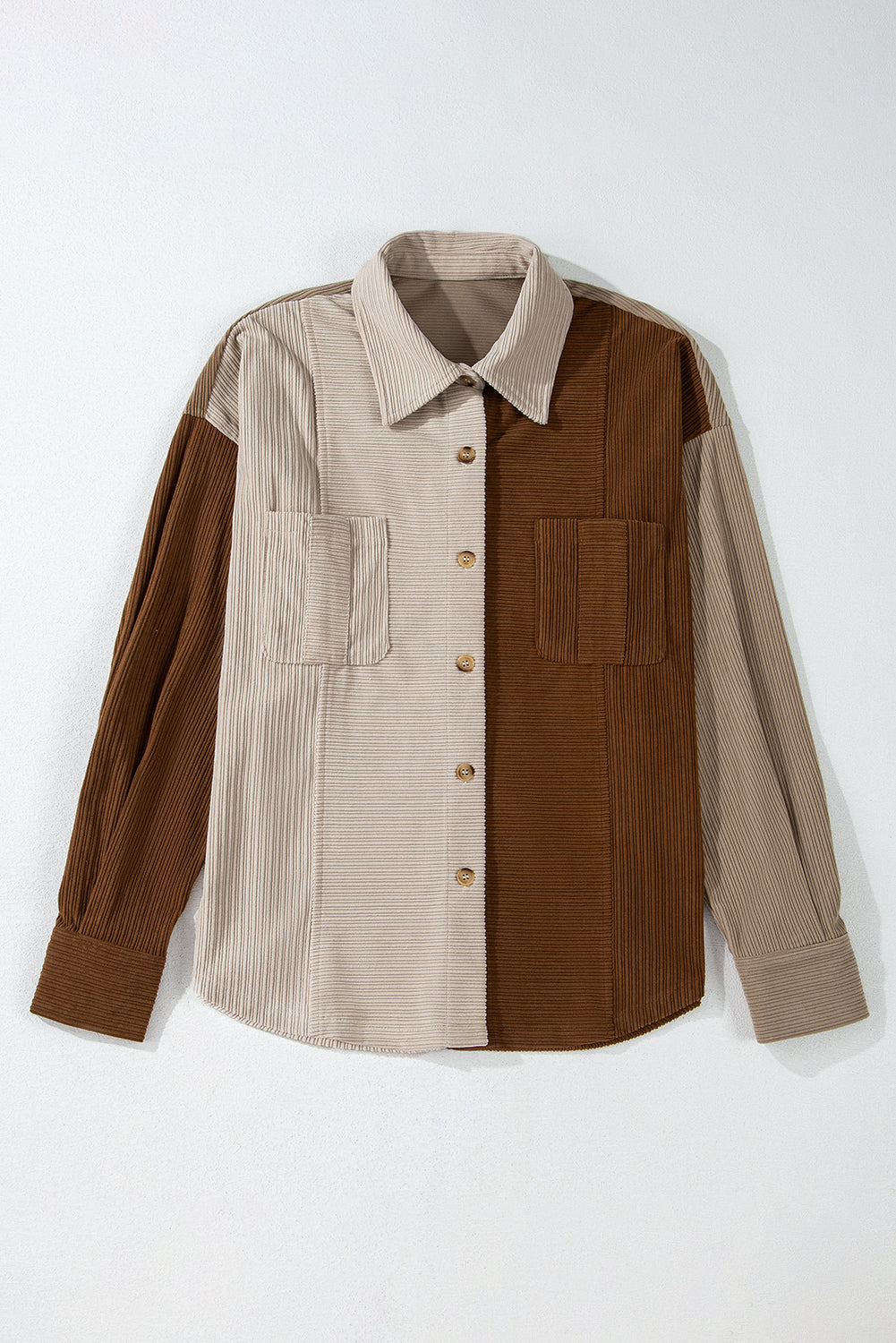 Brown Color Block Chest Pockets Buttoned Corduroy Shacket-Bella Boutique Collective