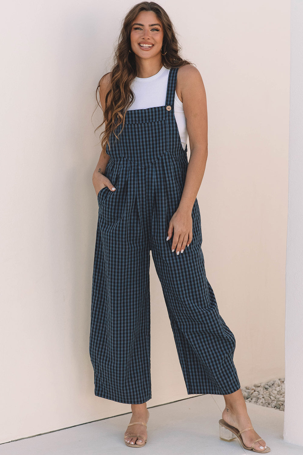 Sail Blue Plaid Print Buttoned Pocketed High Waist Overall-Bella Boutique Collective