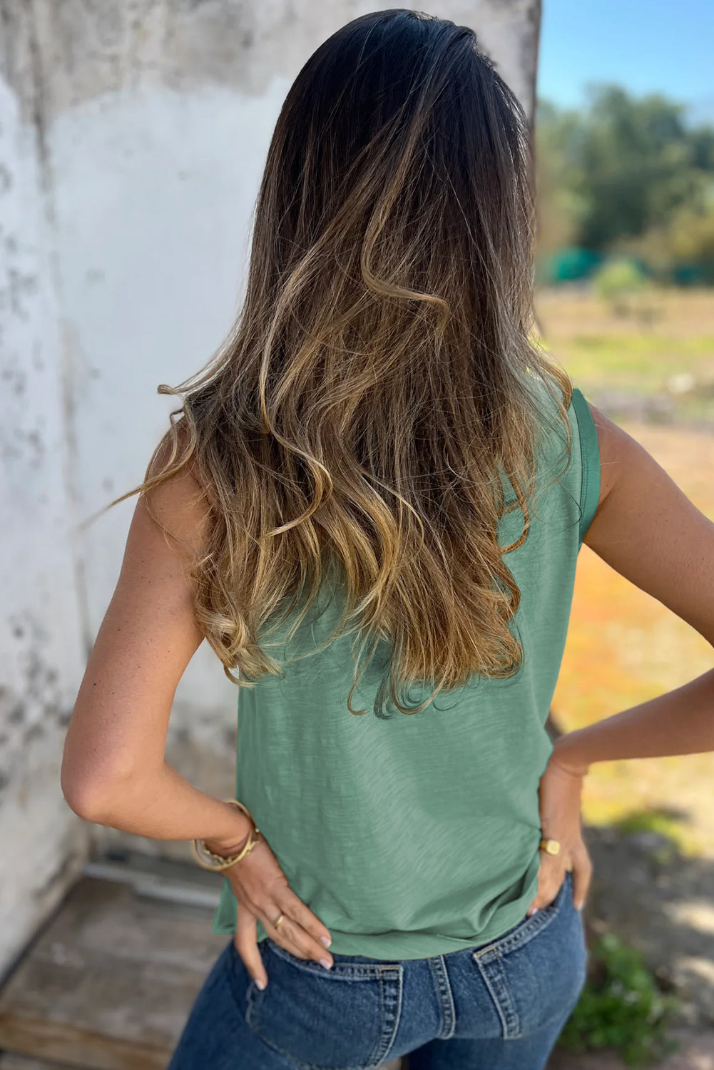 Mist Green Metallic Sheen Edge Scoop Neck Tank Top-Bella Boutique Collective