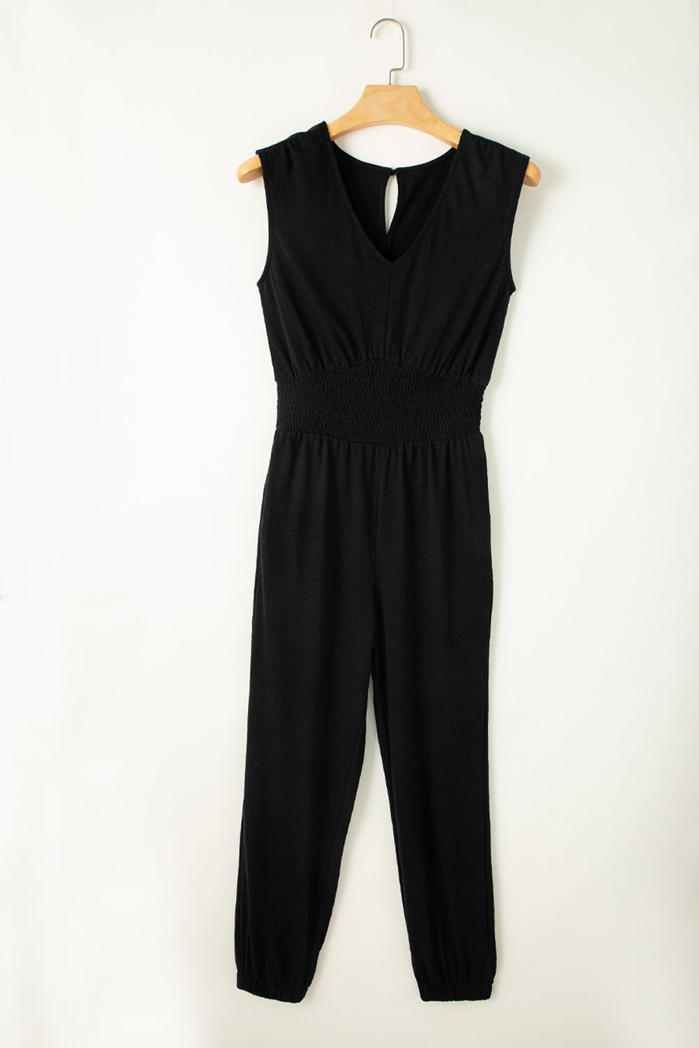 Black Shirred High Waist Sleeveless V Neck Jumpsuit-Bella Boutique Collective