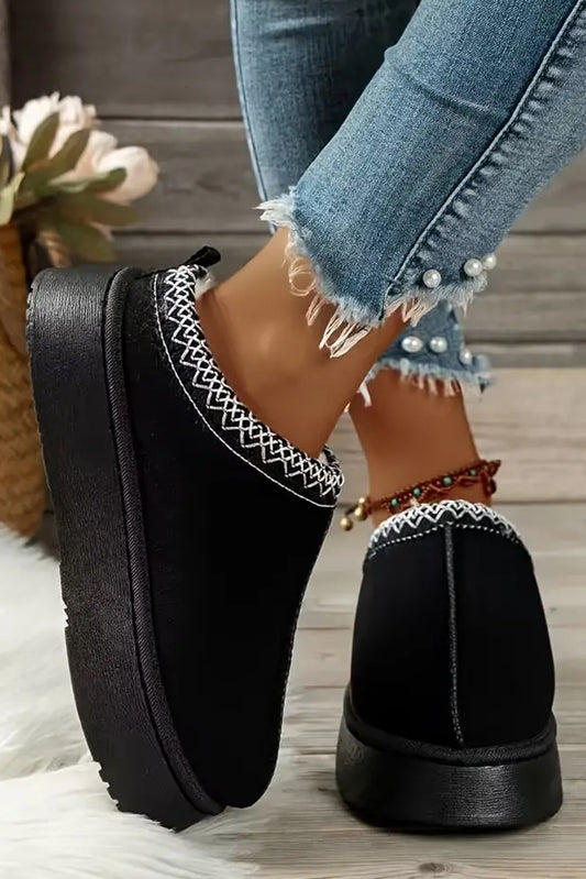 Black Contrast Print Suede Plush Lined Snow Boots-Bella Boutique Collective