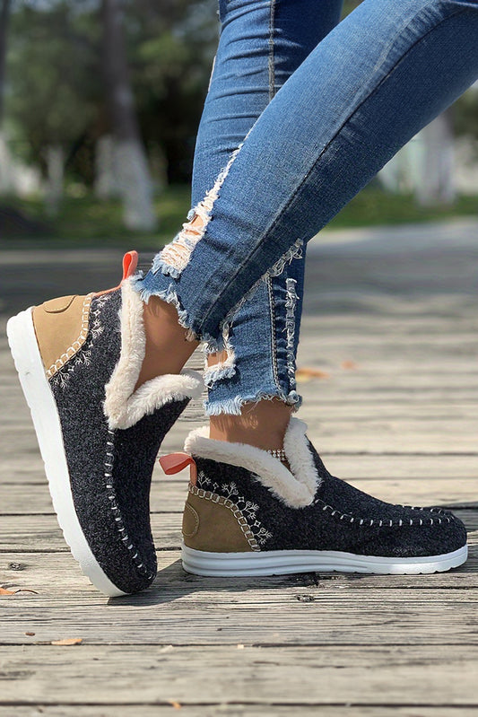 Carbon Grey Suede Stitching Patchwork Plush Lined Anklet Boots-Bella Boutique Collective