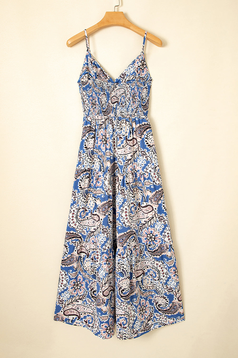 Blue Paisley Print Twist Detail Smocked Back Spaghetti Straps Long Dress-Bella Boutique Collective