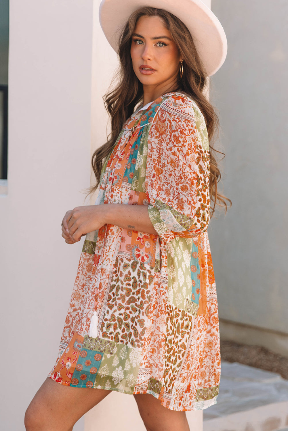 Orange Boho Paisley Mixed Print 3/4 Sleeve Chiffon Loose Dress-Bella Boutique Collective