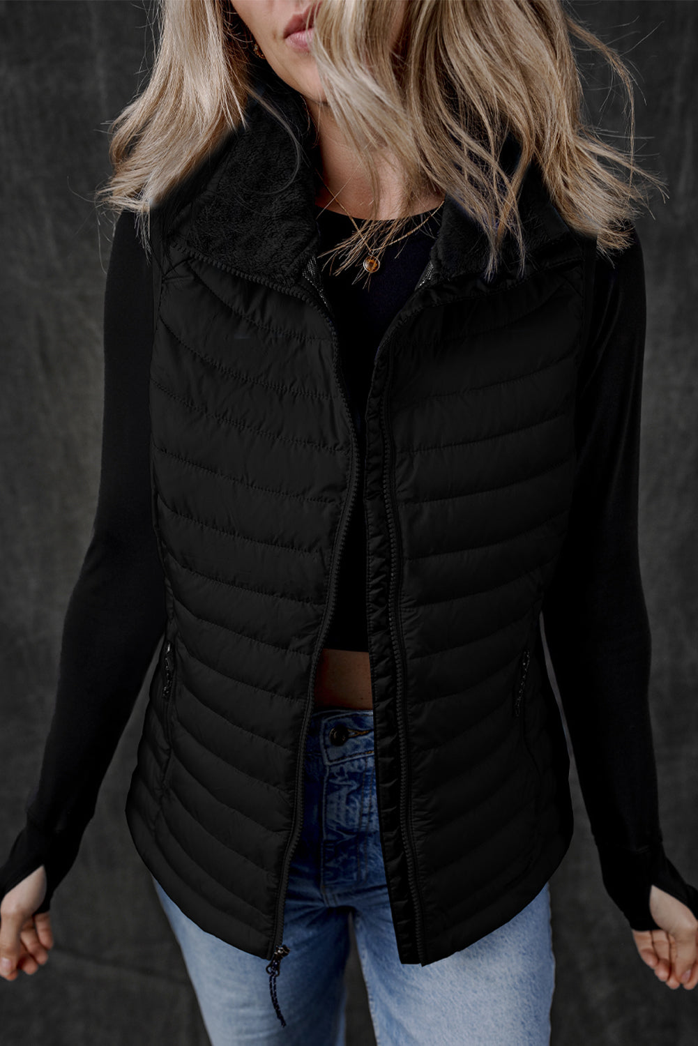Black Plush Collared Quilted Zipped Puffer Vest-Bella Boutique Collective