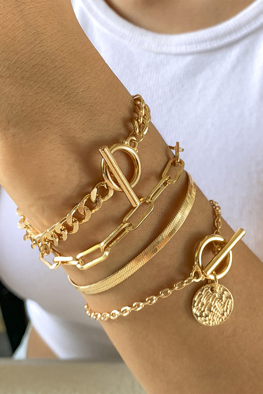 Gold Multi Layered Rhinestone Plated Chain Bracelet Set-Bella Boutique Collective