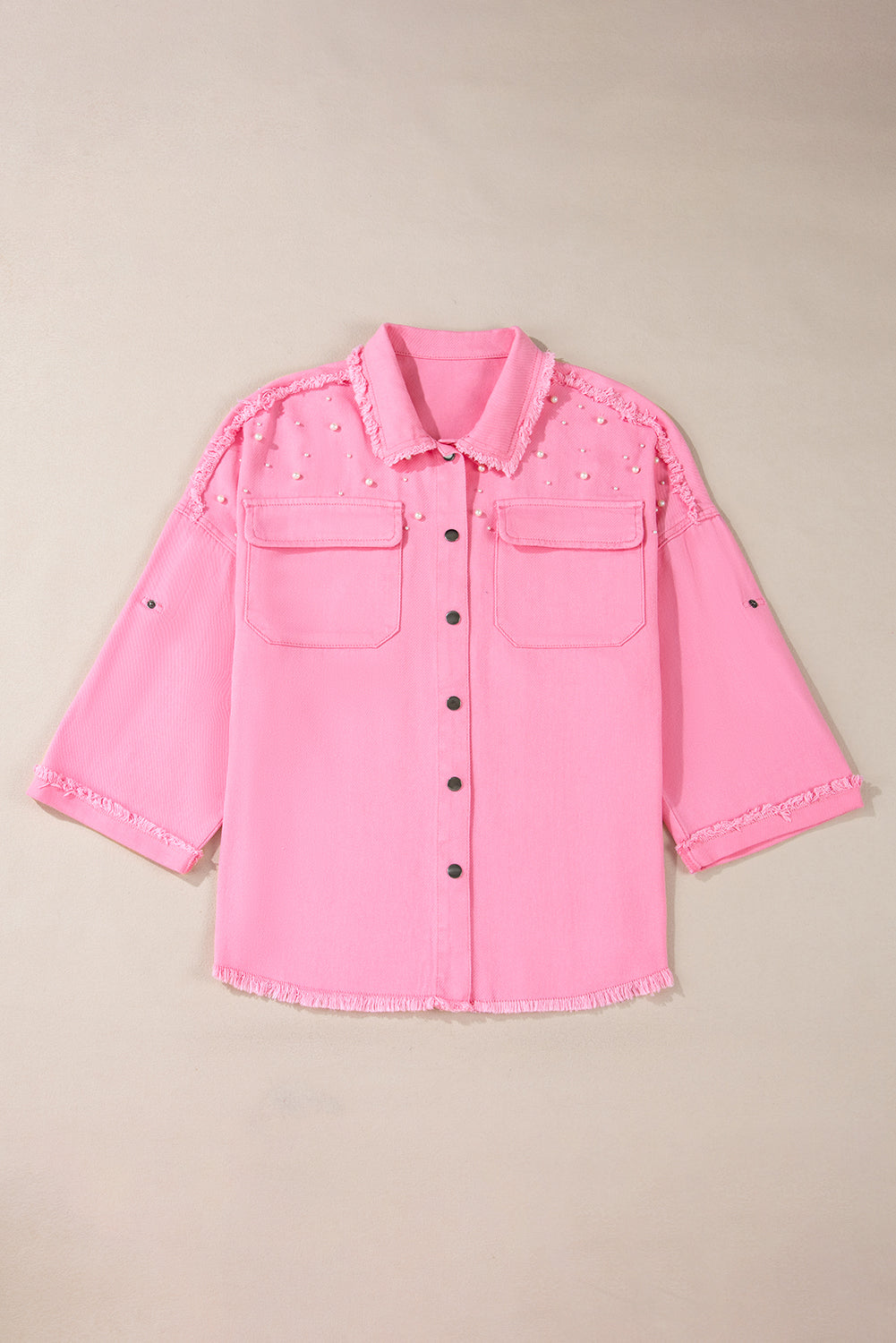 Bonbon Pearl Beaded Raw Hem Button Up Denim Jacket-Bella Boutique Collective