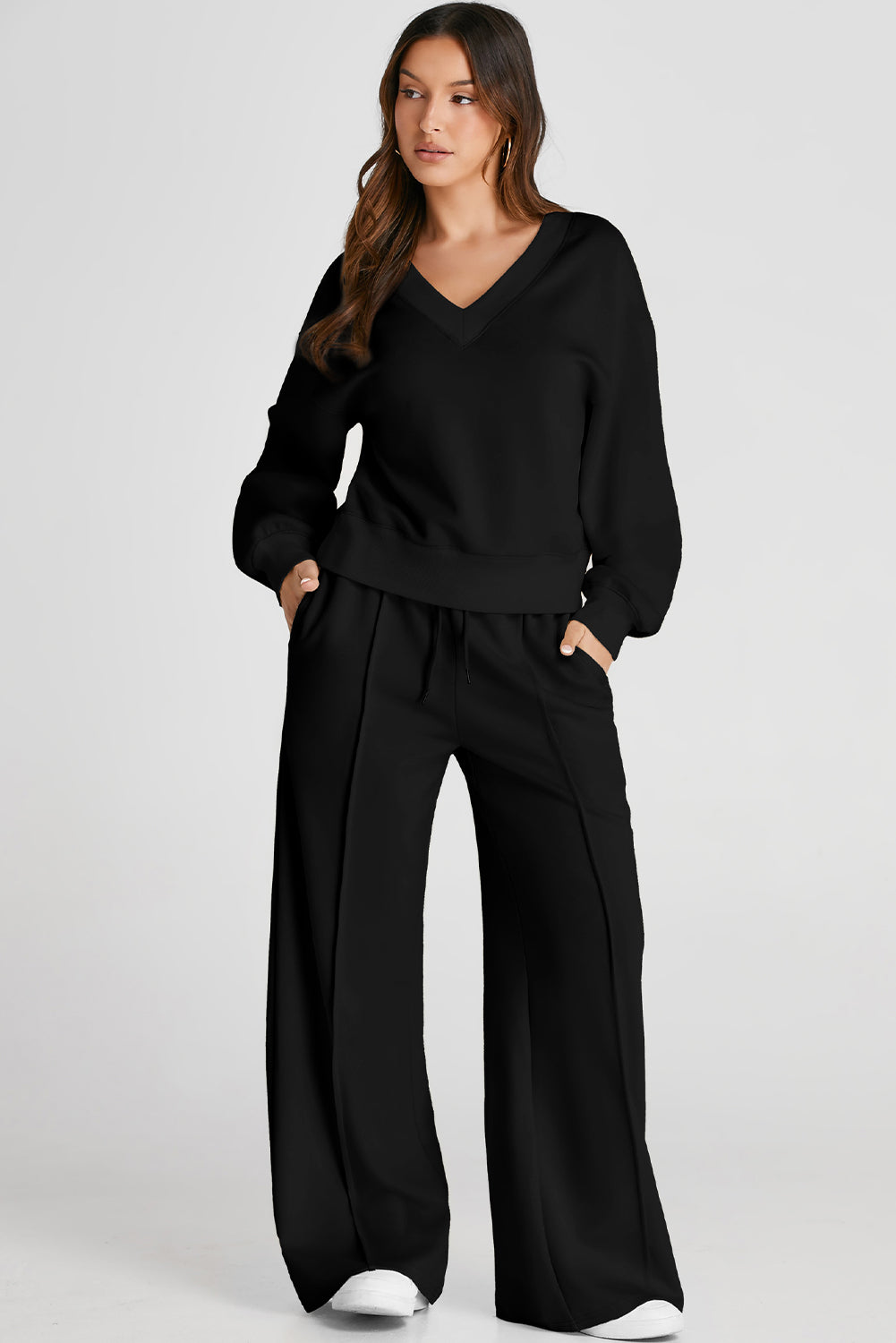 Black V Neck Cropped Seamed High Waist Sports Wear-Bella Boutique Collective