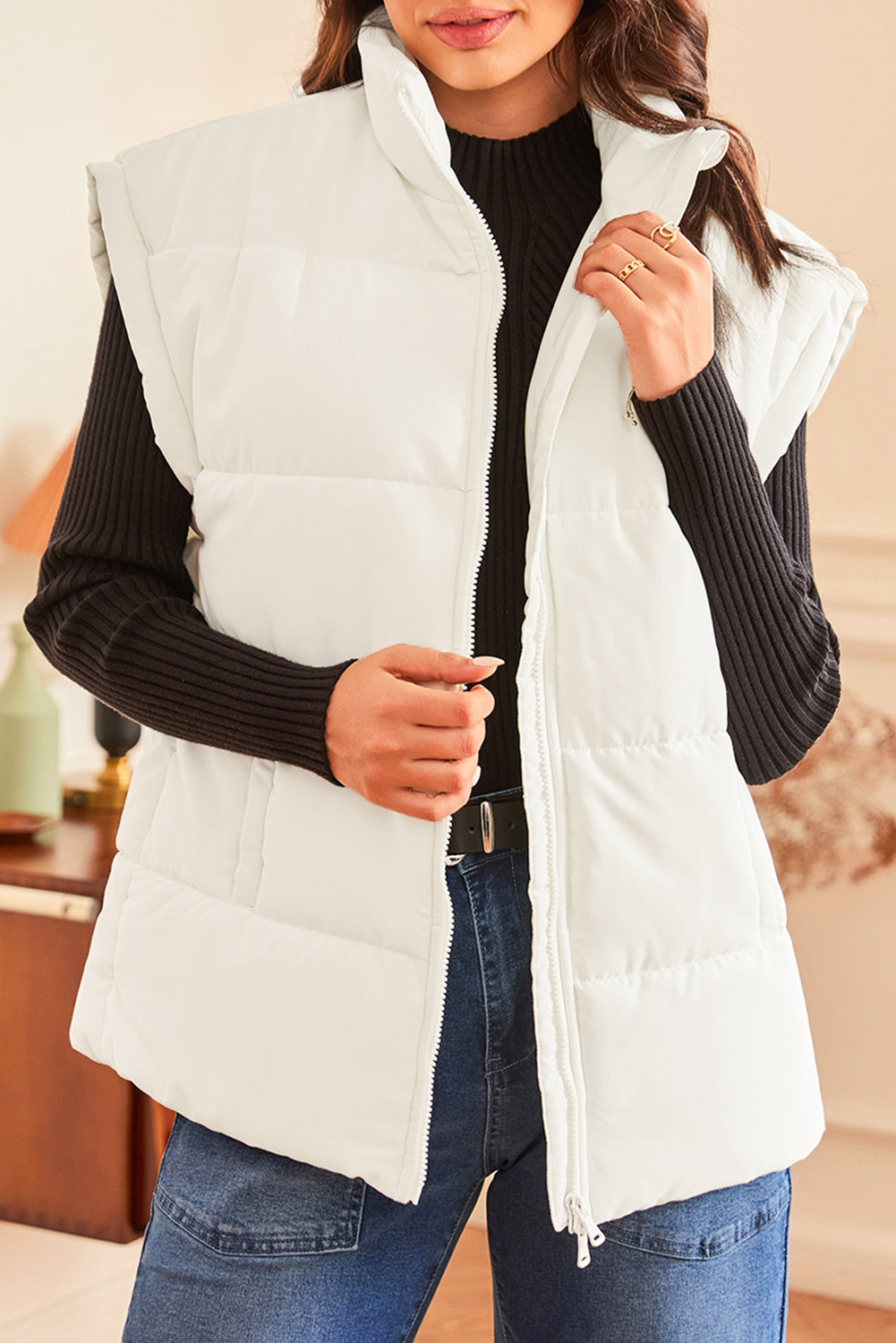 Beige Zipper Stand Neck Oversized Puffer Vest-Bella Boutique Collective