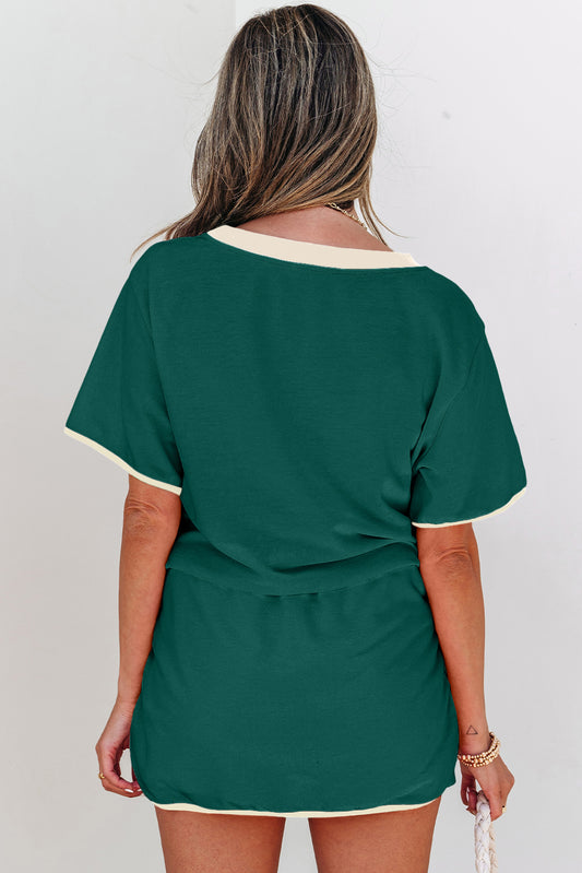 Evergreen Colorblock Edge Drop Shoulder T Shirt and Skort 2Pcs Set-Bella Boutique Collective