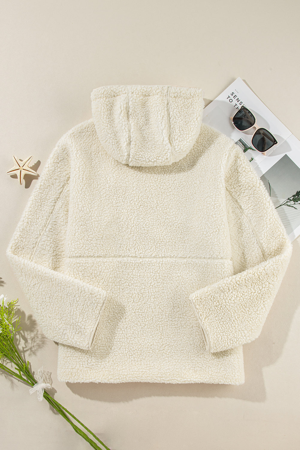 Beige Fleece Zip Up Drawstring Hooded Pocketed Jacket-Bella Boutique Collective