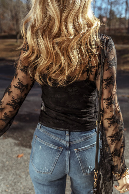Black Lace Mesh Crochet Splicing Slim Fit Long Sleeve Blouse-Bella Boutique Collective