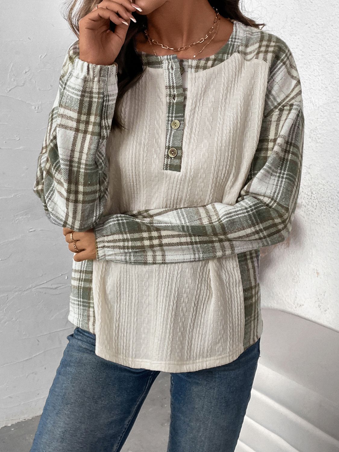 Perfee Plaid Half Button Long Sleeve T-Shirt-Bella Boutique Collective