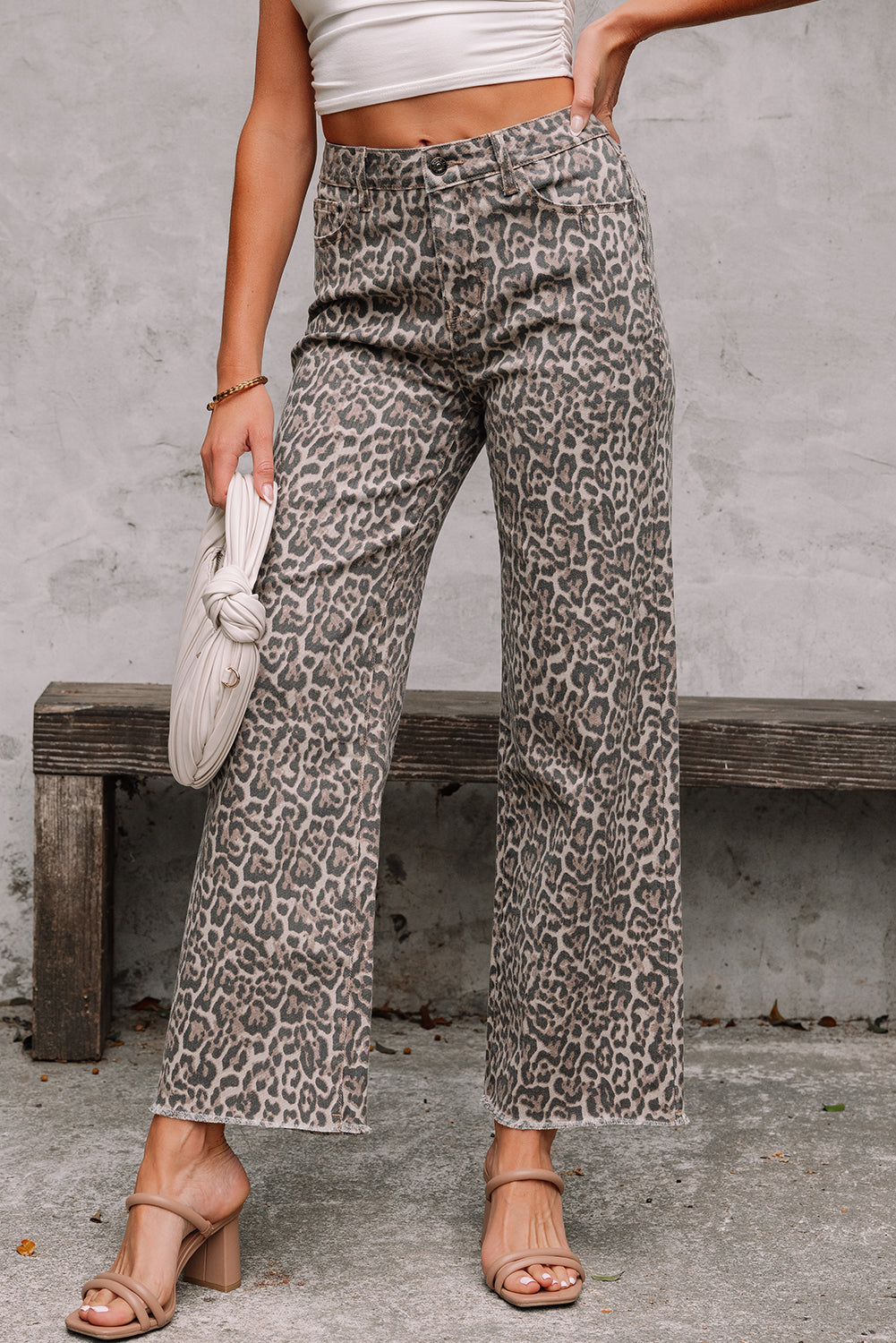 Brown Leopard Frayed Edge Wide Leg High Waist Jeans-Bella Boutique Collective