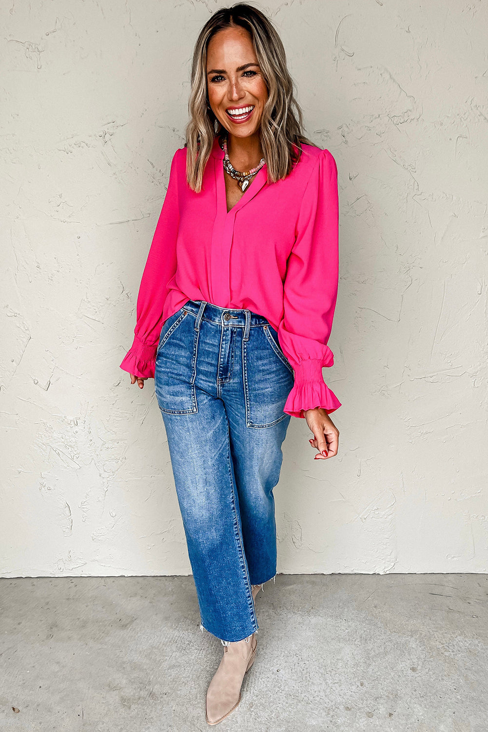 Rose Red Solid Color Shirred Cuff Notch V Neck Blouse-Bella Boutique Collective