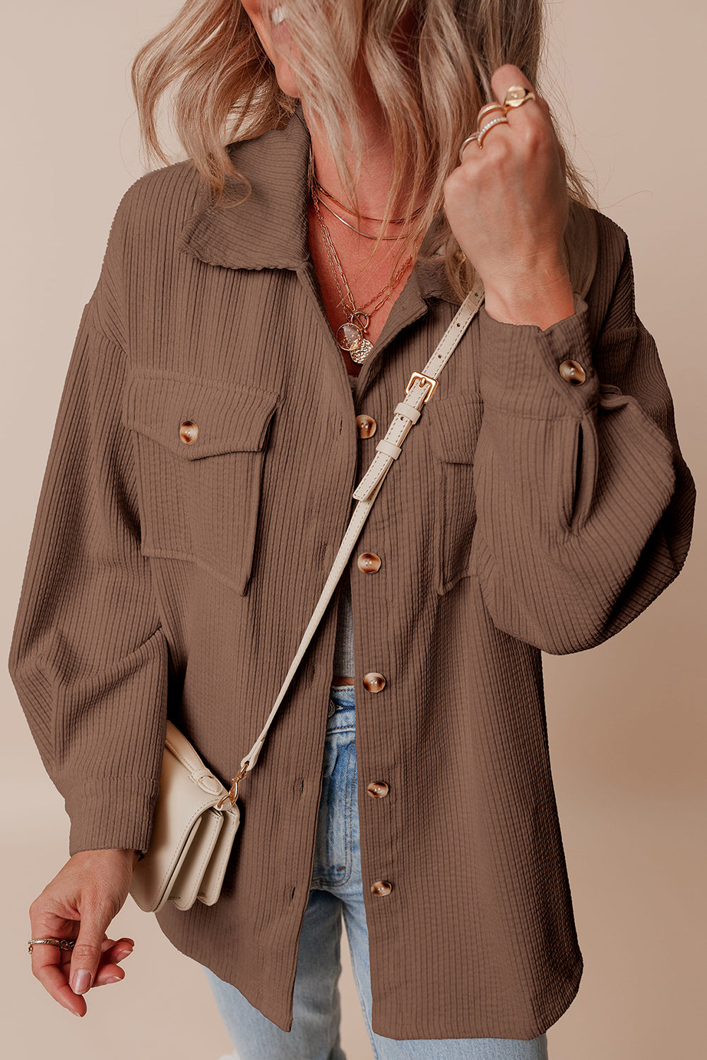 Chestnut Corduroy Flap Pocket Button Up Shacket-Bella Boutique Collective