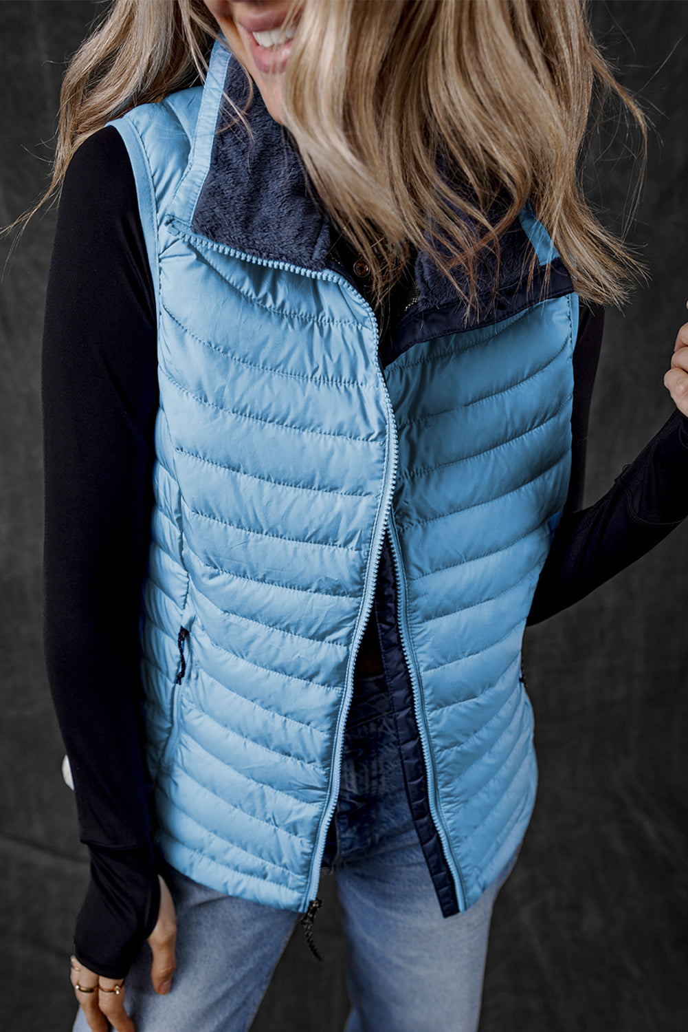 Sky Blue Plush Collared Quilted Zipped Puffer Vest-Bella Boutique Collective